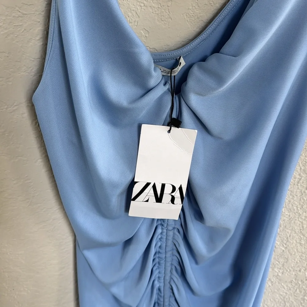 NWT ZARA LIGHT BLUE RUCHED ASYMMETRIC DRESS - Picture 4 of 6